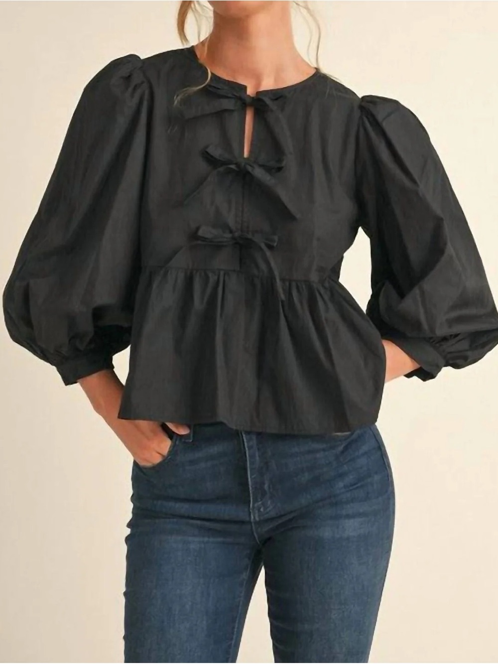 Jodifl Black Bow Balloon Sleeve Peplum Blouse Size L